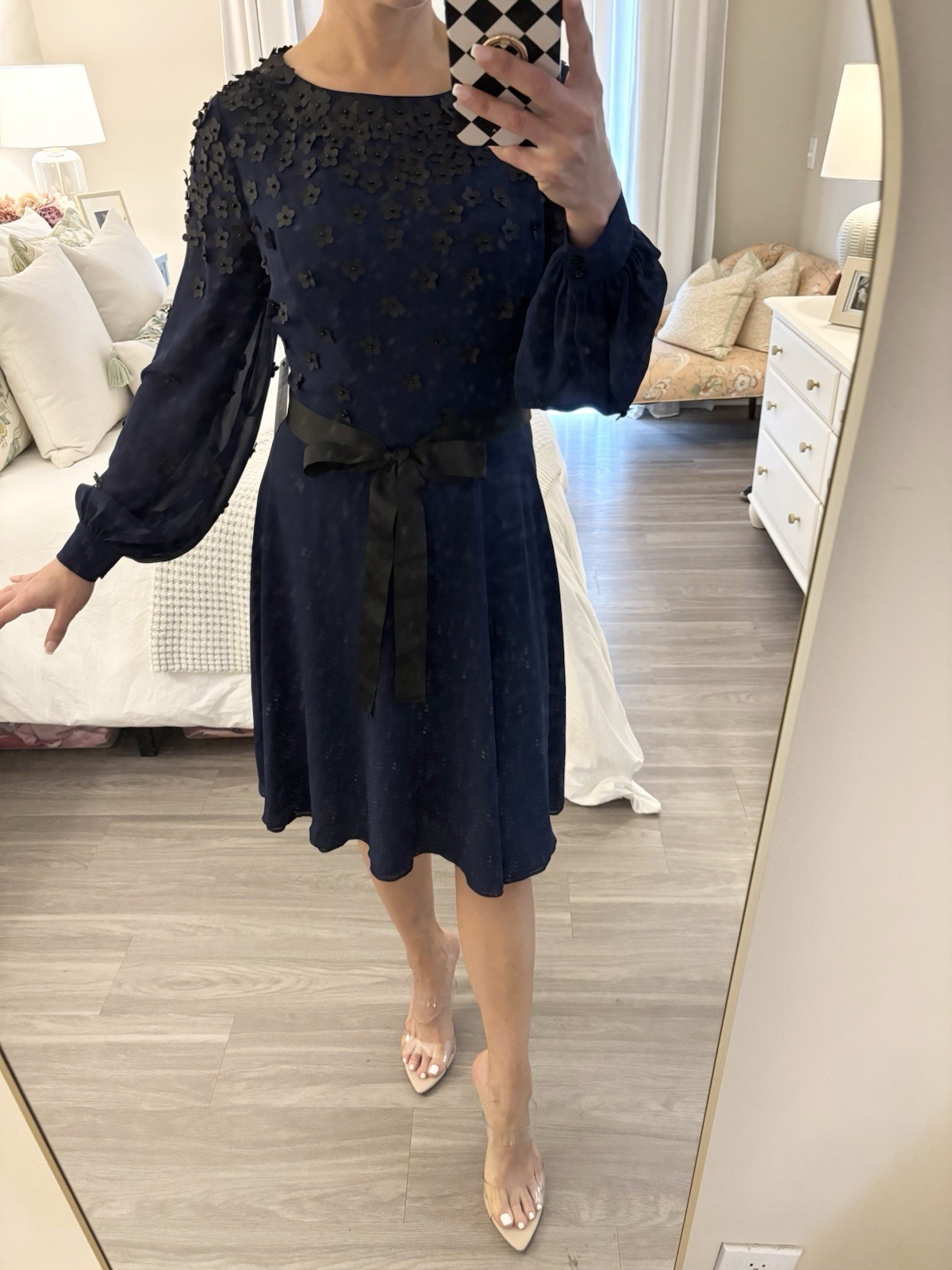 SHANI Blue/Black Floral Fit & Flare Knee Dress LS Boat Neck Bow 8 S-2234