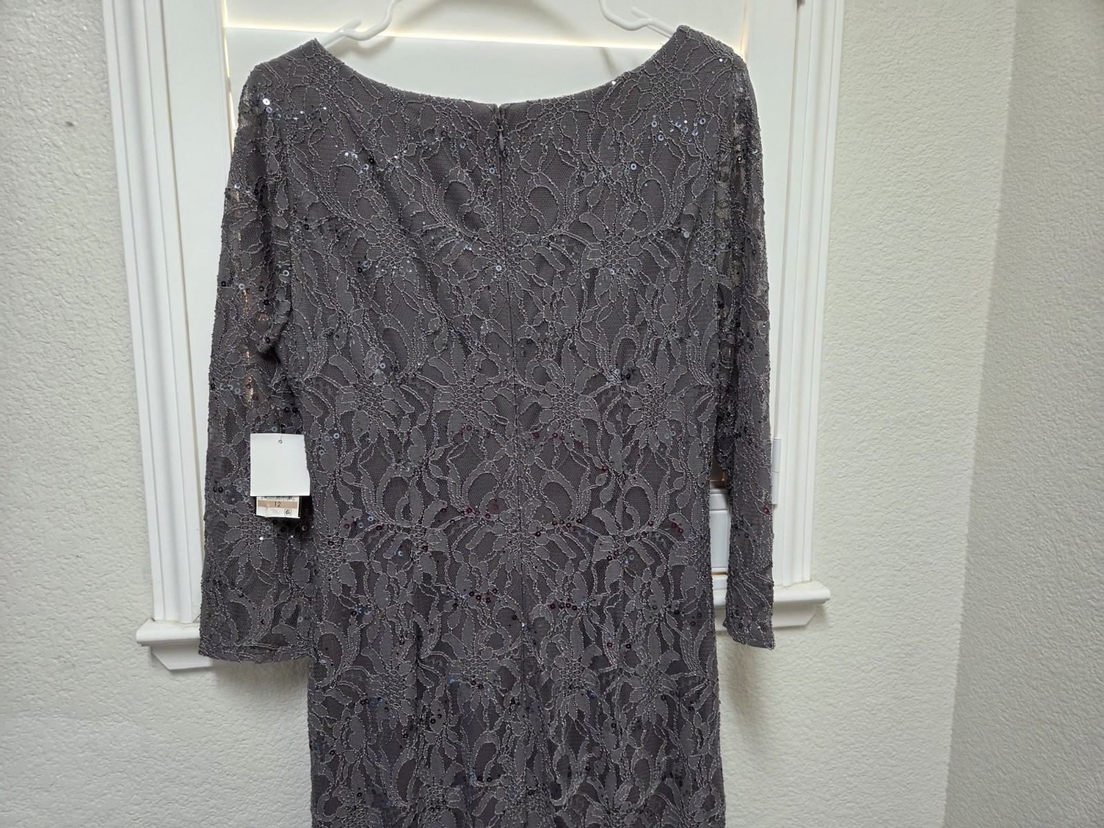 Jessica Howard Gray Lace Sequence Midi Dress Size 12 3/4 Sleeve Beaded Neck…