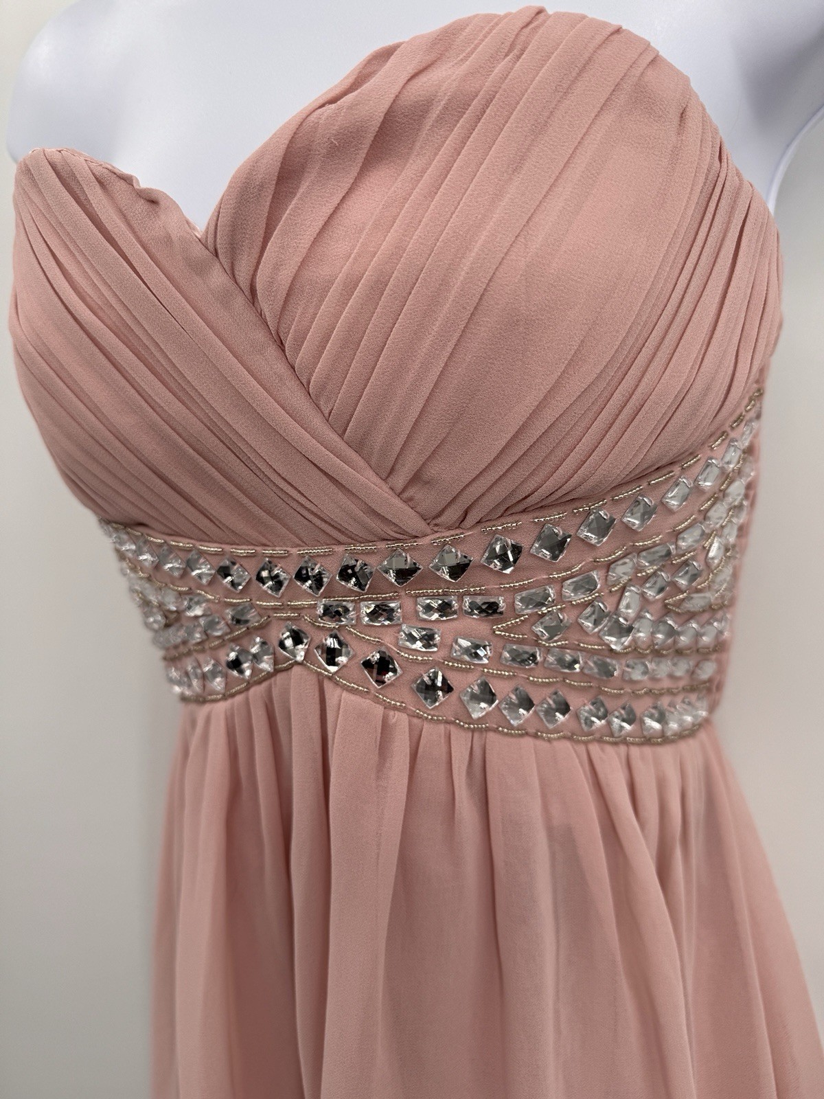 Y2K Izabel London Strapless Party Dress Size 8 Chiffon Light Pink Rhinestones