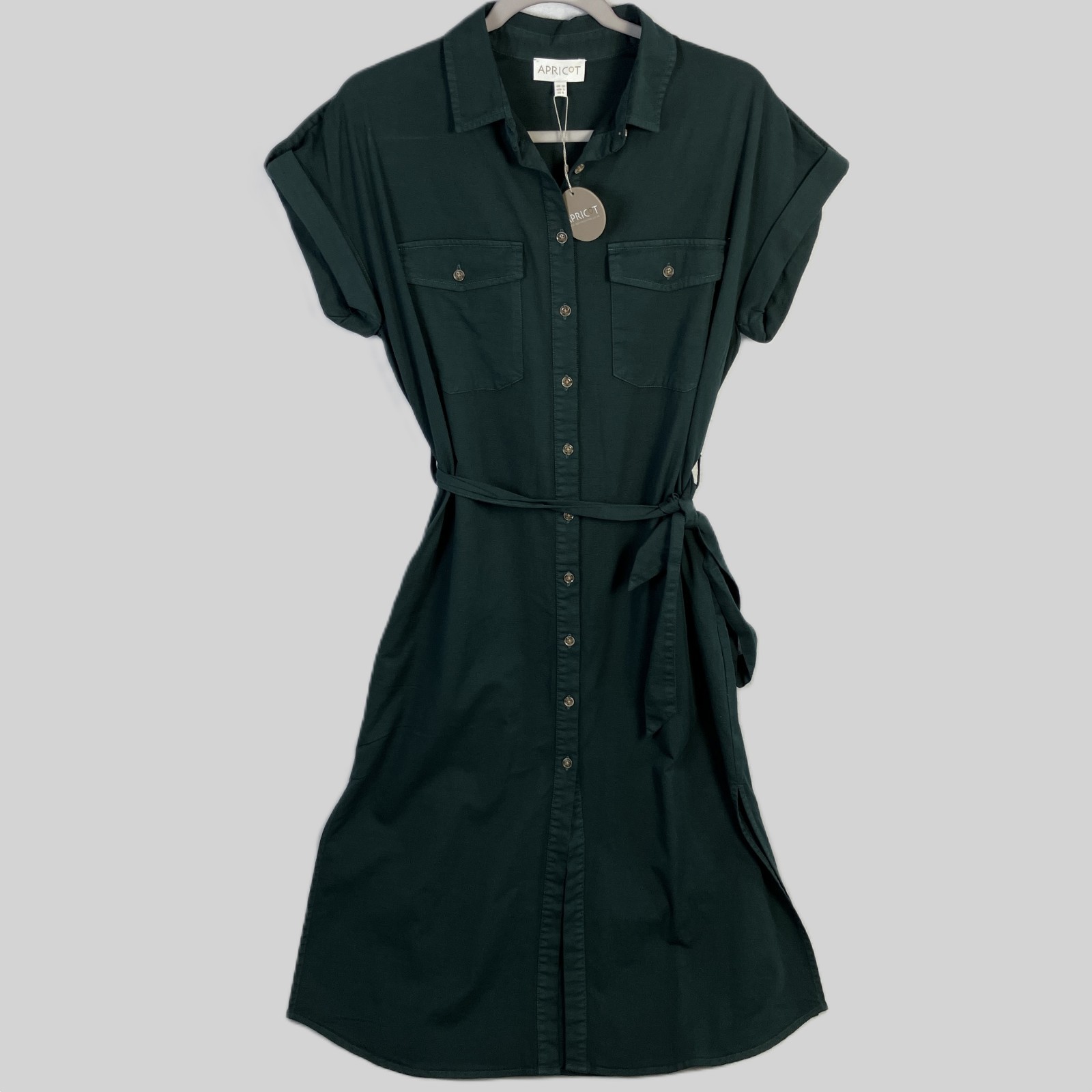 Apricot Midi Utility Shirt Dress Women’s Size S Green Belted Cuffed Short Sleeve