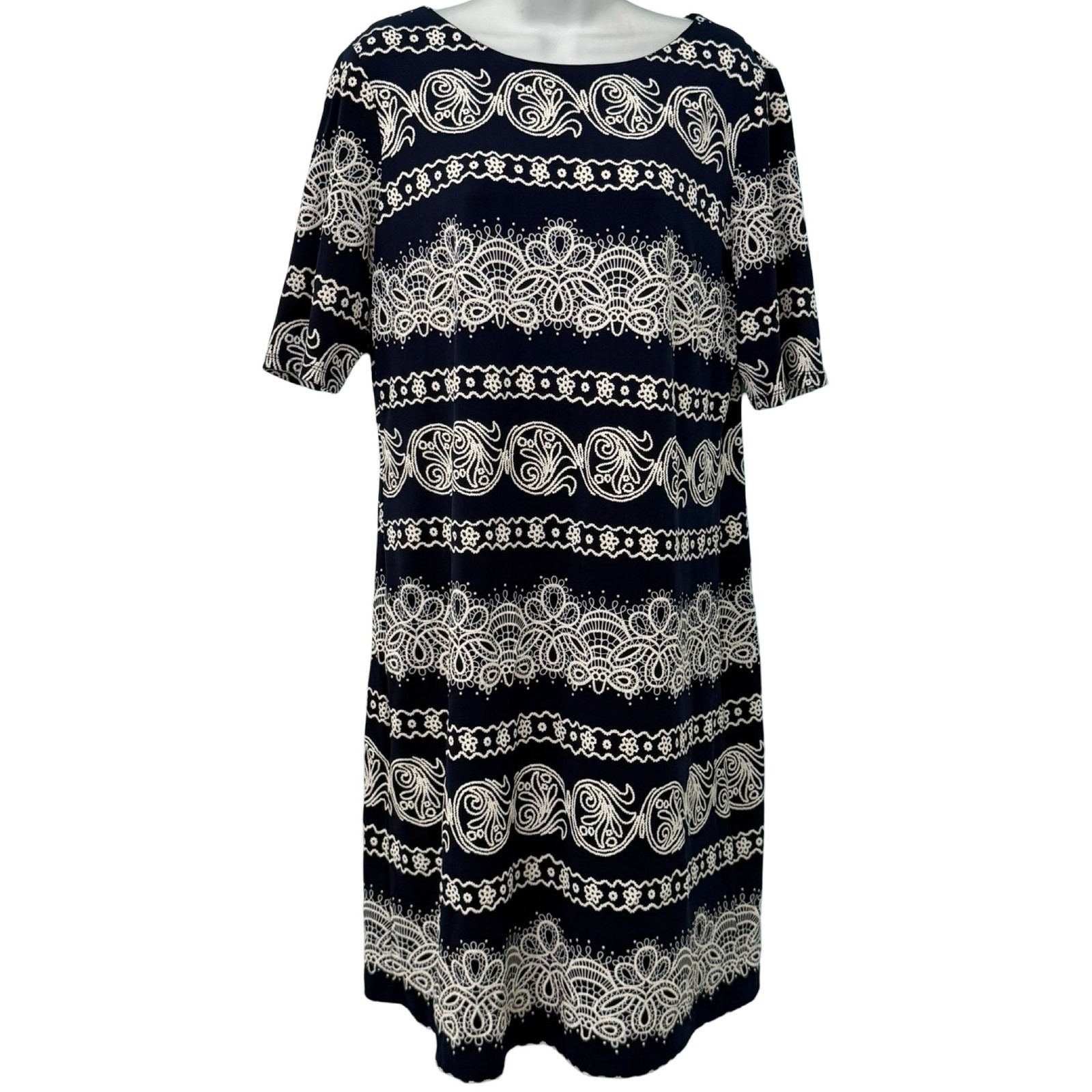 R&K Navy Blue White Lace Accents Shift Knee Length Dress Size 12 Professional