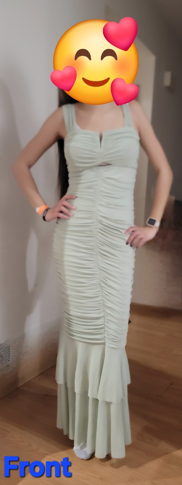 Chartou Ruched Mesh Maxi Dress Sleeveless Strappy Square Neck Light Green M