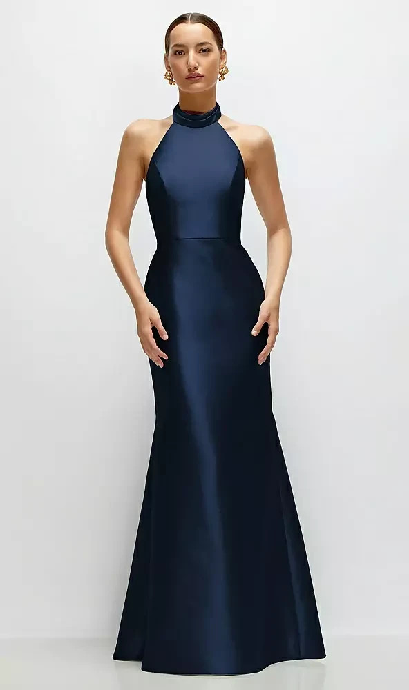 Alfred Sung Midnight Blue Halter Satin Trumpet Gown Size 14 $269 D872