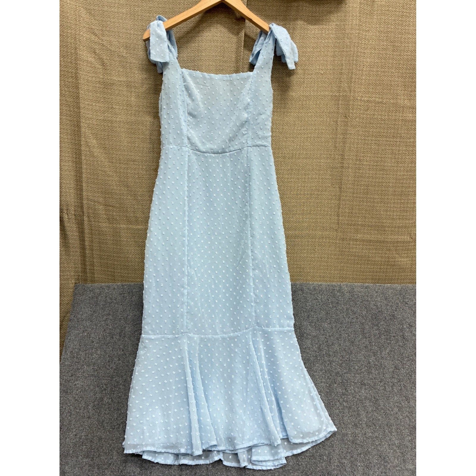 Lulus Light Blue Swiss Dot Tie-Strap Mermaid Midi Dress Small