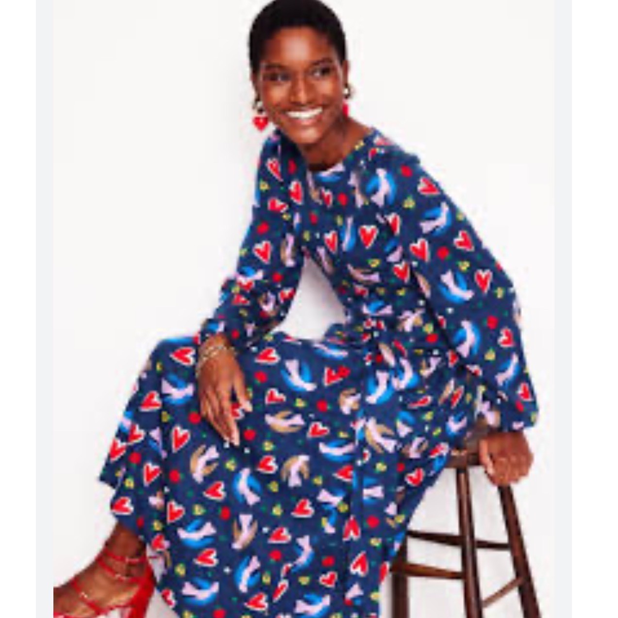 Boden Leandra Navy Blue Bird Dove Heart Print Long Sleeve Midi Dress Tie Waist 8