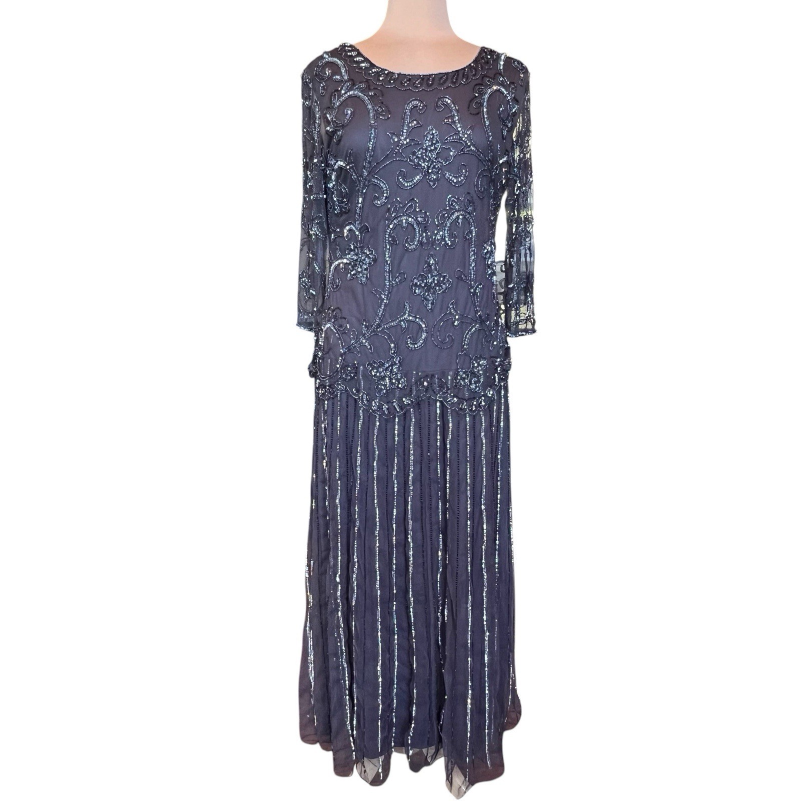Pisarro Nights Heavily Beaded Mesh Maxi Dress SZ 14 Gatsby Formal Evening Gown