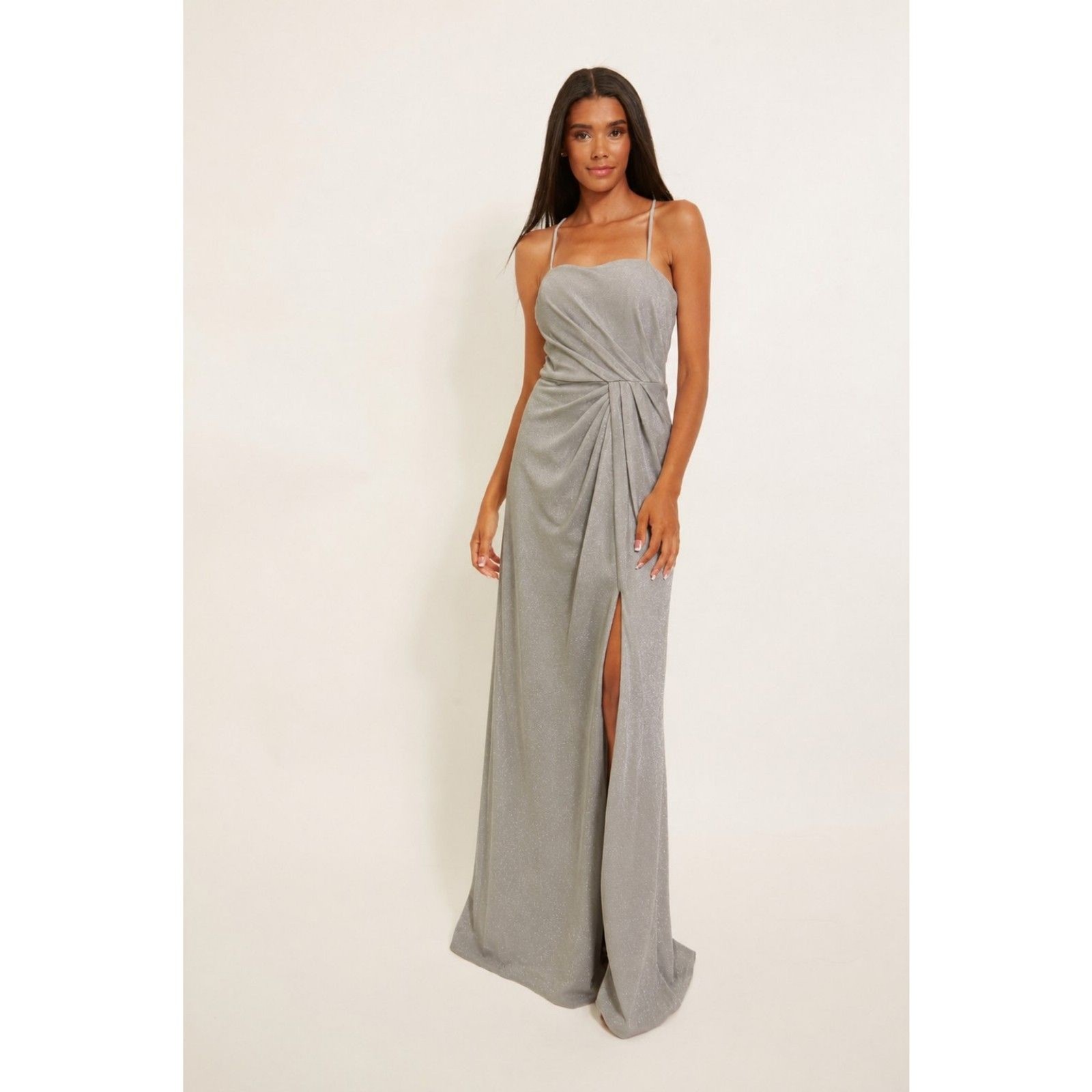 Grey/Silver Glitter Knit Formal Evening Gown Ruching & Slit Bari Jay 2311