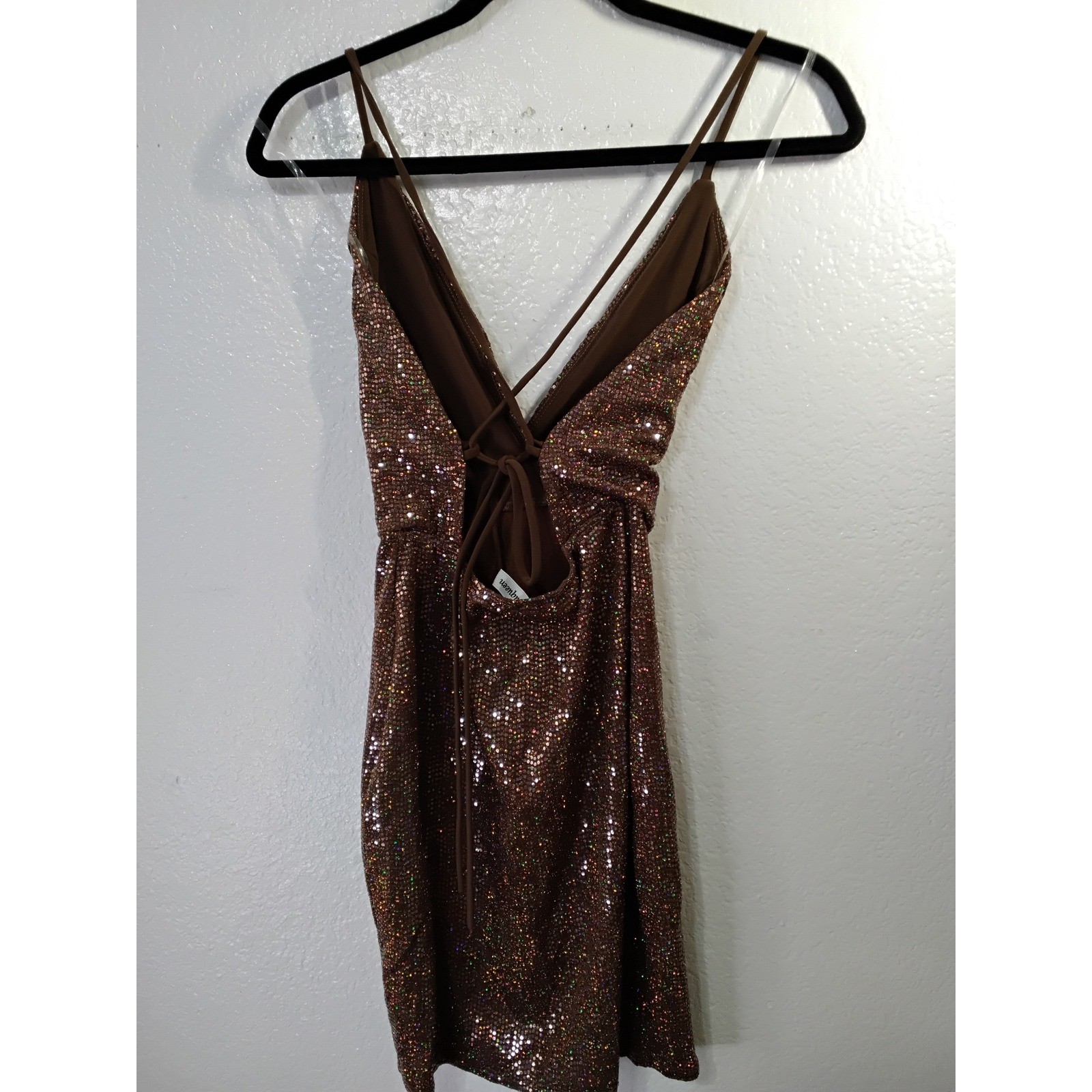 Laqueen Brown Sequin Mini Dress Open Back Lace Up Cocktail Party V-Neck (31)