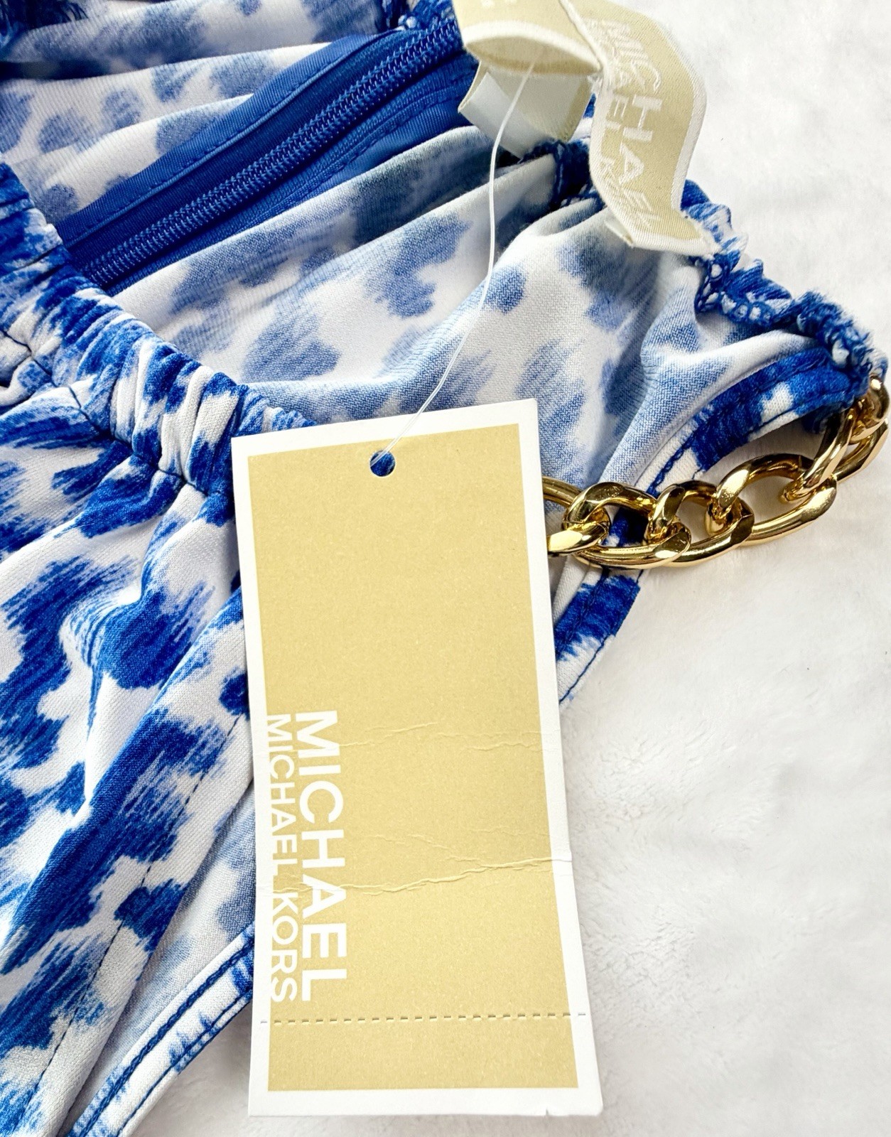 NWT MICHAEL Michael Kors Gold Chain Neck Halter Dress Twilight Blue Abstract S