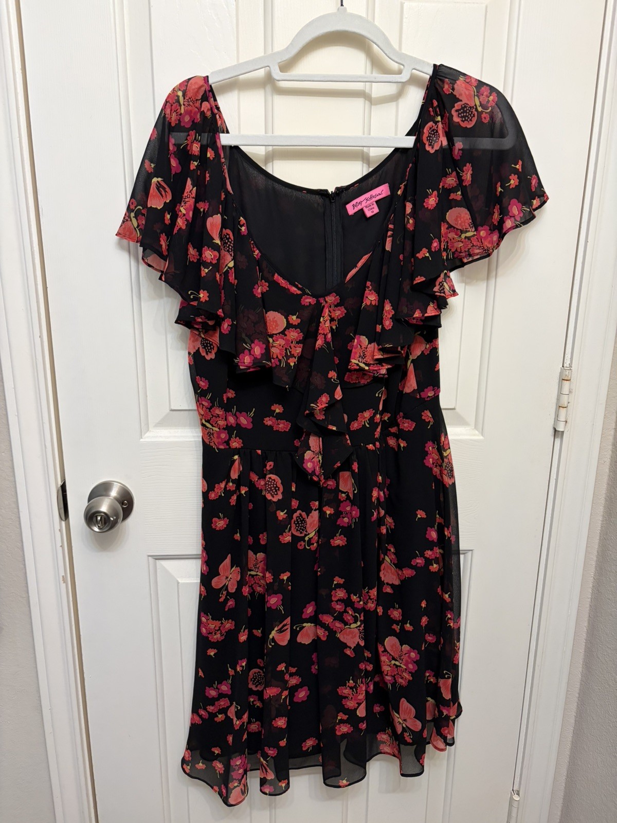 Betsey Johnson Dress Black Floral Butterfly Pink Size 10 Ruffle Fit & Flare