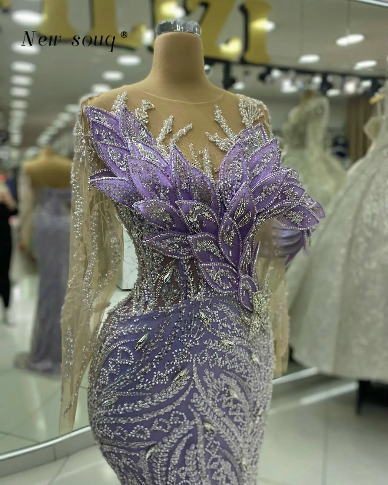 Lilac Purple Mermaid Evening Dresses Long Sleeves Crystals Beaded Party Gowns