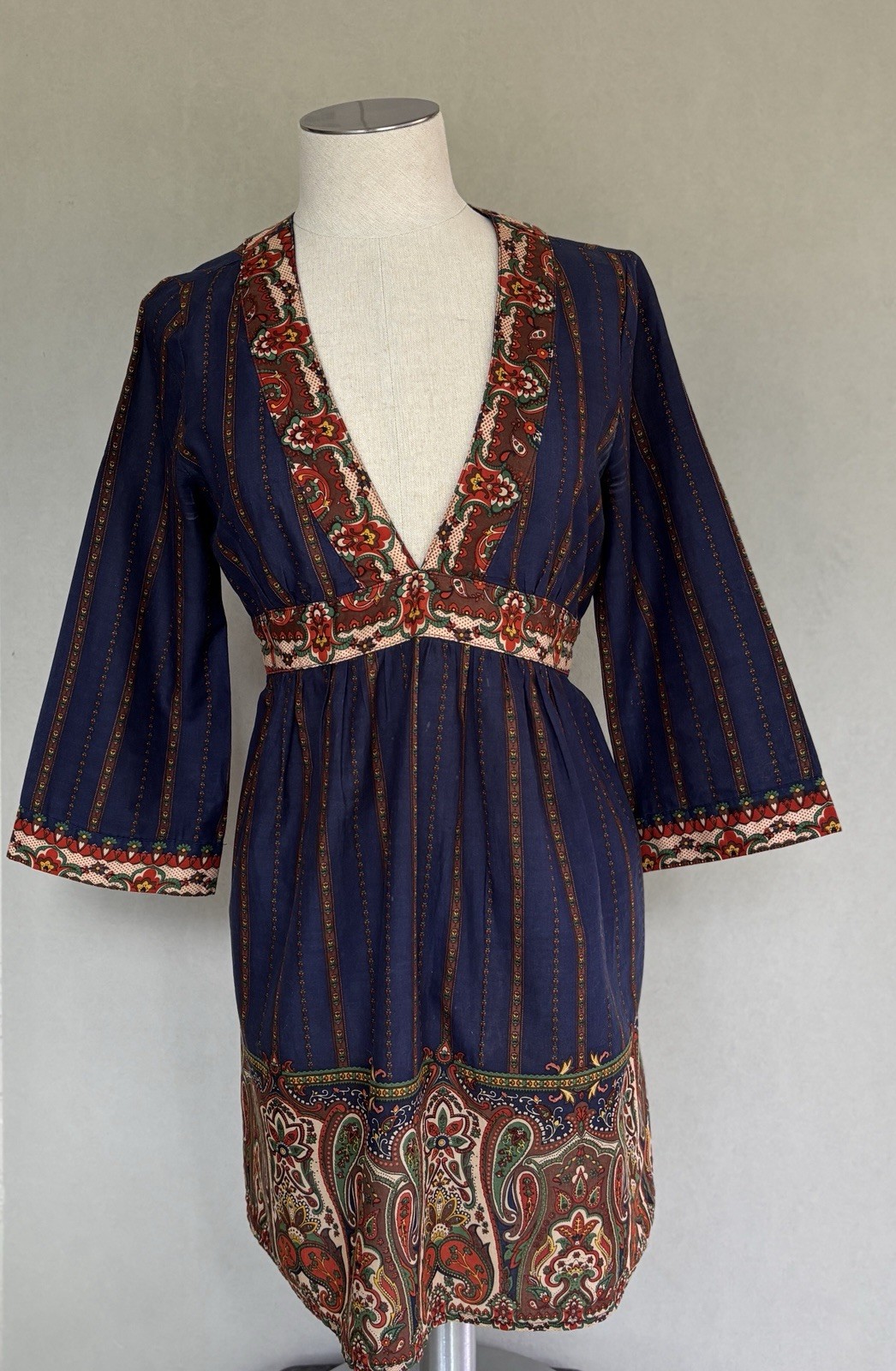 Le Lis Blanc Womens M Boho Mini Dress Paisley Print Tie Waist Bell Sleeve Cotton