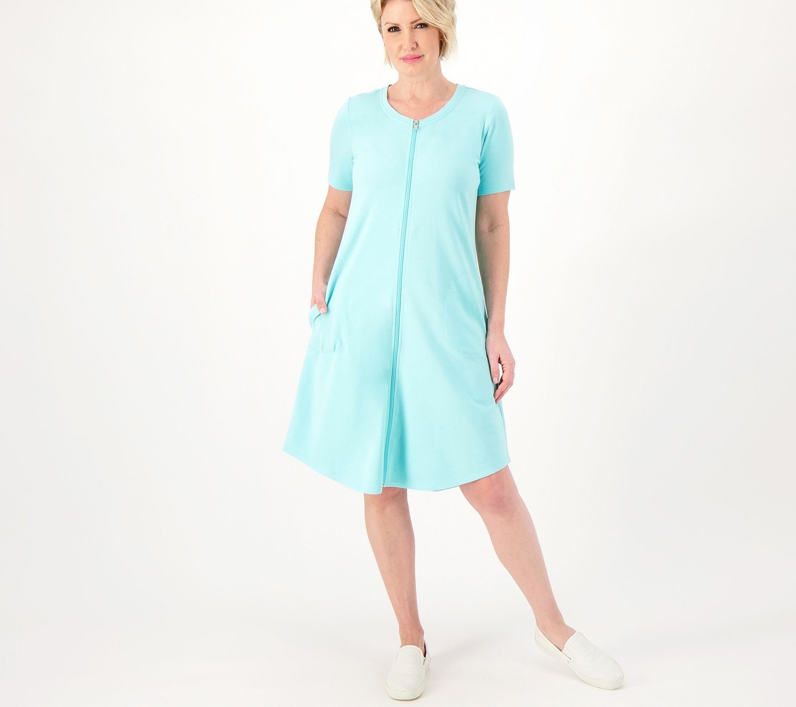 Sport Savvy French Terry Short Sleeve Zip-Up Dress w/Pockets Aqua Sky XXS New