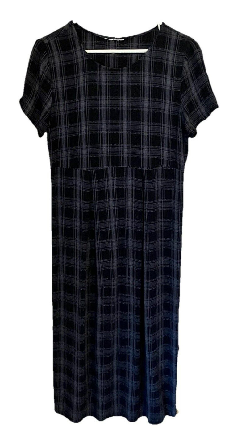 Women’s XS Black Plaid Dress Tea Length Machine Washable Short Sleeves
