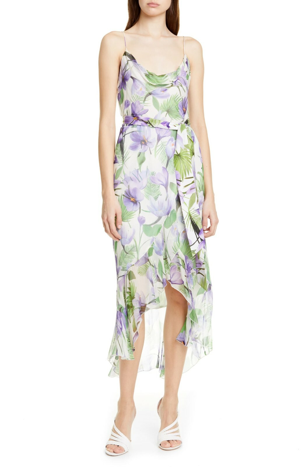 ALICE + OLIVIA White Purple Green Floral Print Cowl Ruffle Cocktail Dress 8 = M