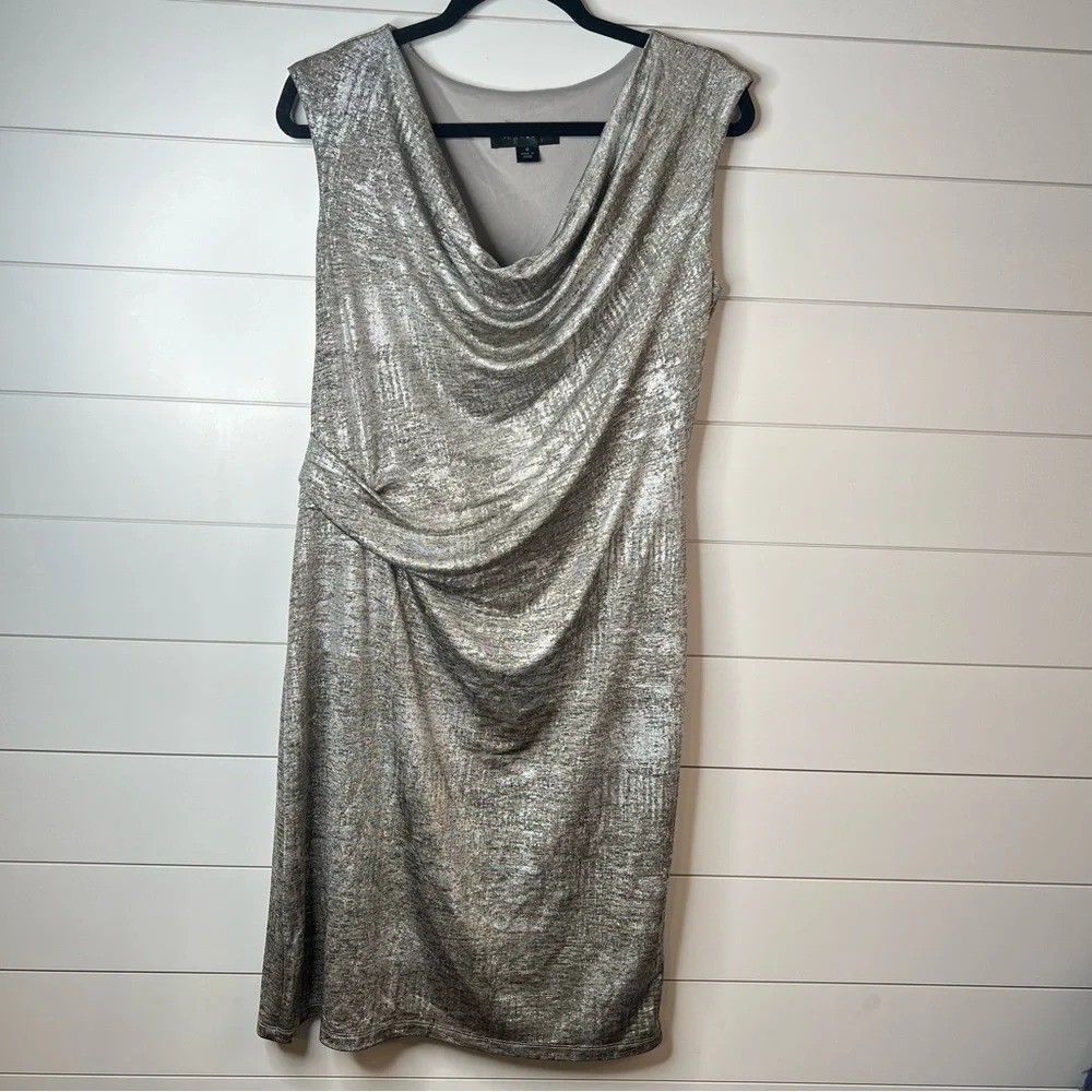 Scarlett Shimmery Silver Cinched Waist Drape Neck Fully Lined Dress. Size 12.