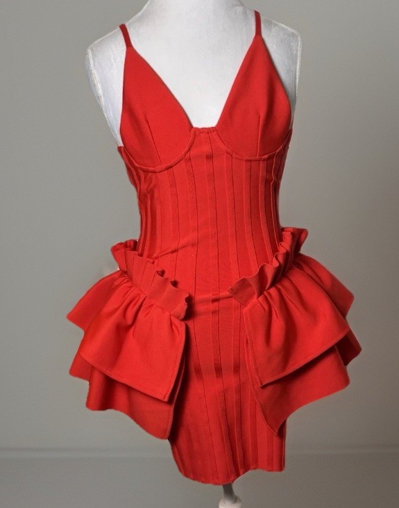 Red Corset Style Exaggerated Peplum Dress | Vegas | Structural | 80s Retro Vibe