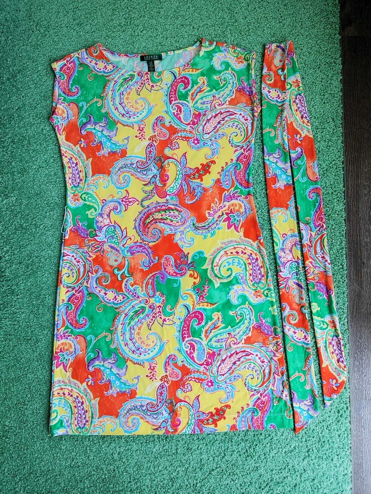 LAUREN RALPH LAUREN SZ L/G Bright Colors Belted Stretchy Sheath Jersey Dress