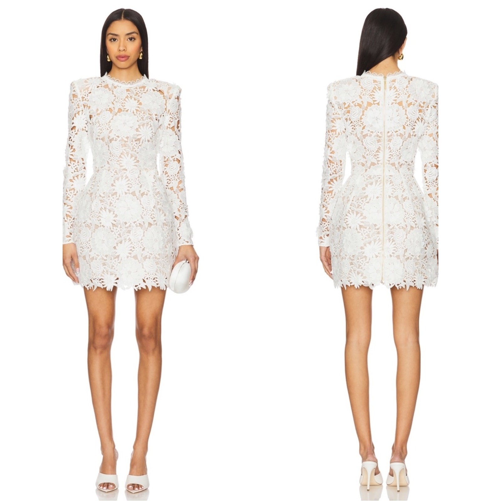 BRONX AND BANCO Maia Floral Appliqué Lace Long Sleeve White Mini Dress Size S