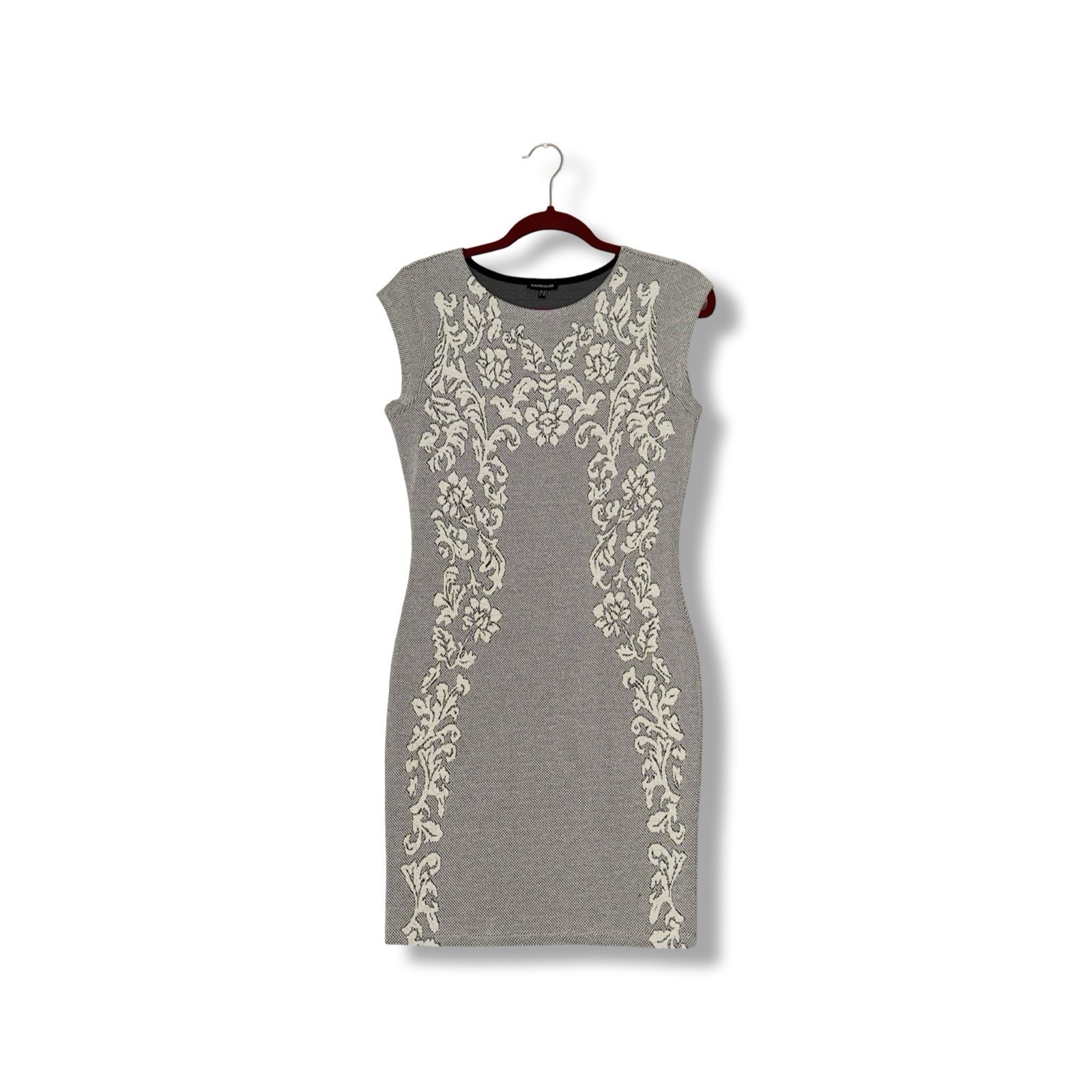 Warehouse Womens Grey Floral Bodycon Midi Knee Length Dress UK 12 Cotton Blend