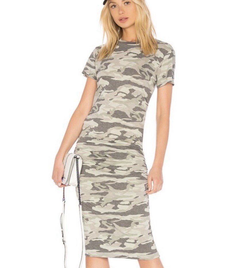 MONROW Gray & Olive Camo s/s knit Dress Sz Large EUC org msrp $168.00