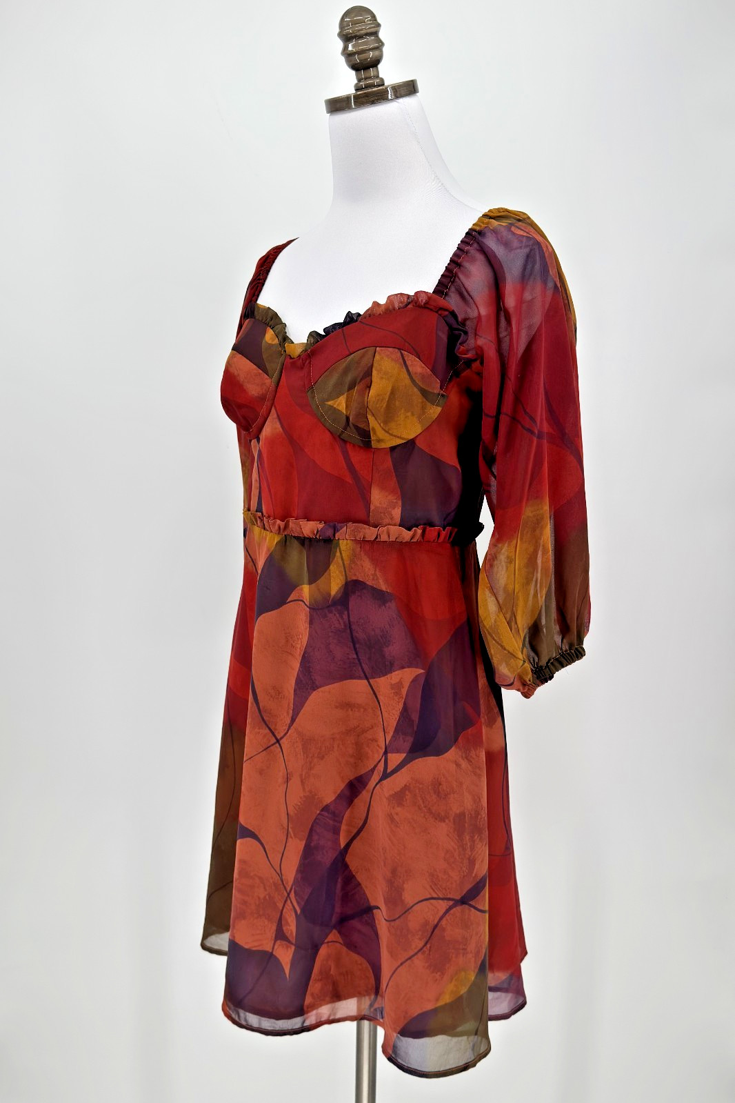 Hutch Adela Burgundy Red Abstract Balloon Sleeve Sweetheart Mini Dress Sz 4