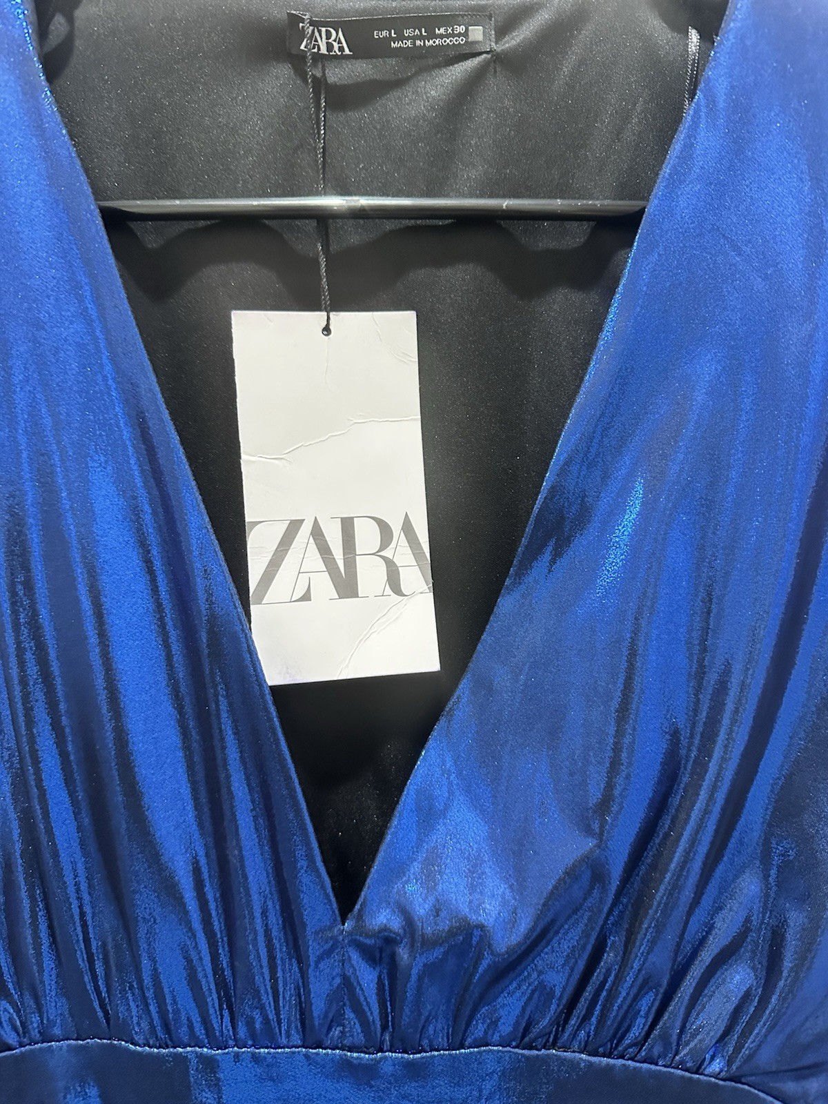 ZARA Draped Laminated Mini Dress Metallic Blue Ruched V Neck NWT Size L