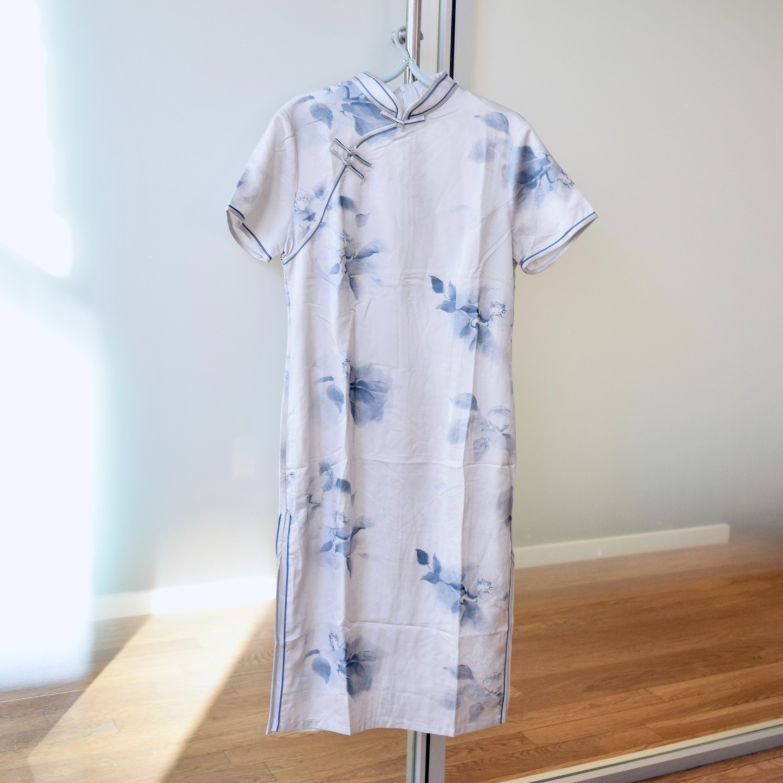 Blue Flora Qipao Midi Dress Chinese Traditional Cheongsam