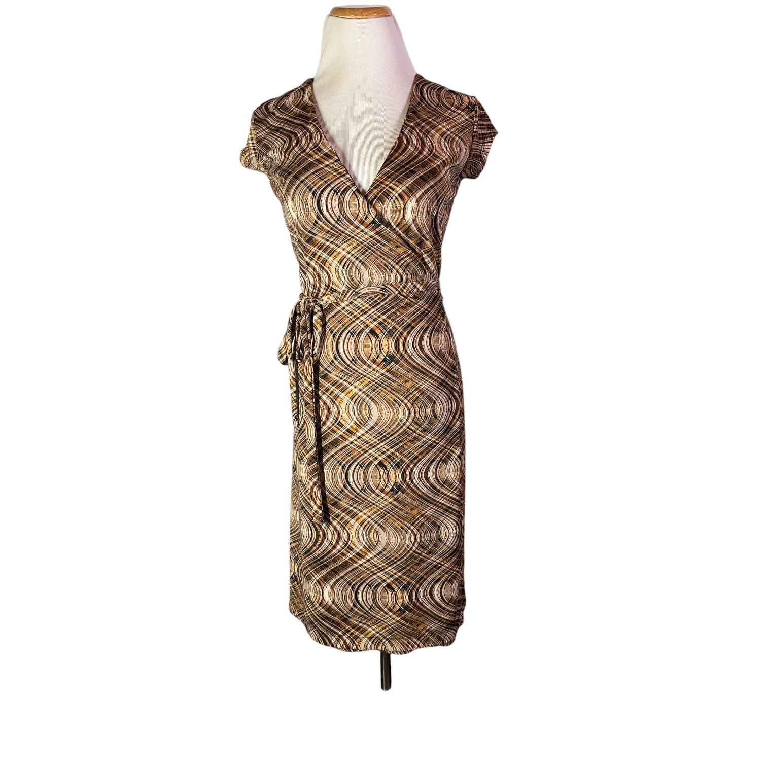Y2K The Limited Size S Wrap Dress Jersey Knit Cap Sleeve Brown Print