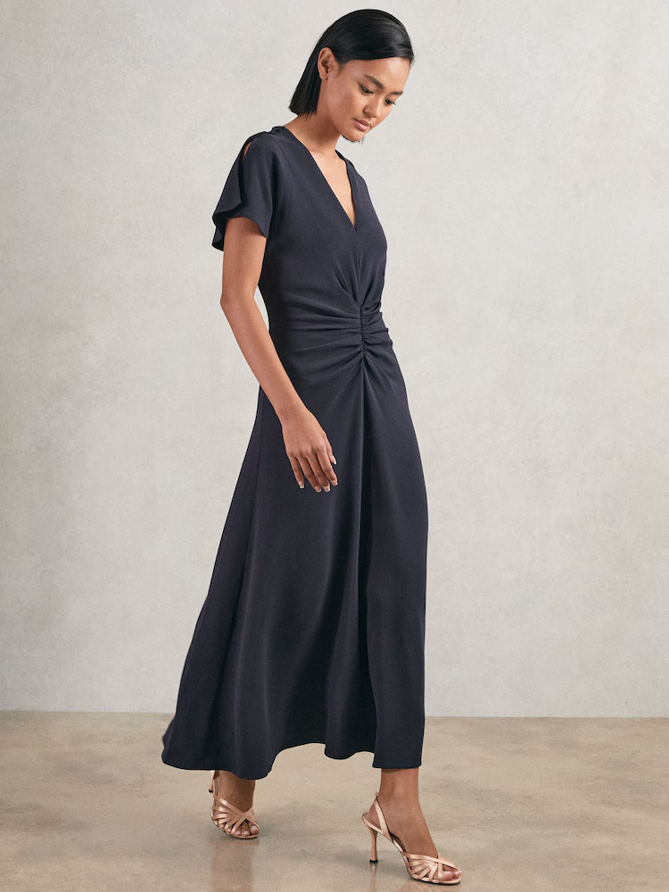NEW, Reiss Rowe Ruched-Front Midi Dress in Navy Sz 8 #LD0269