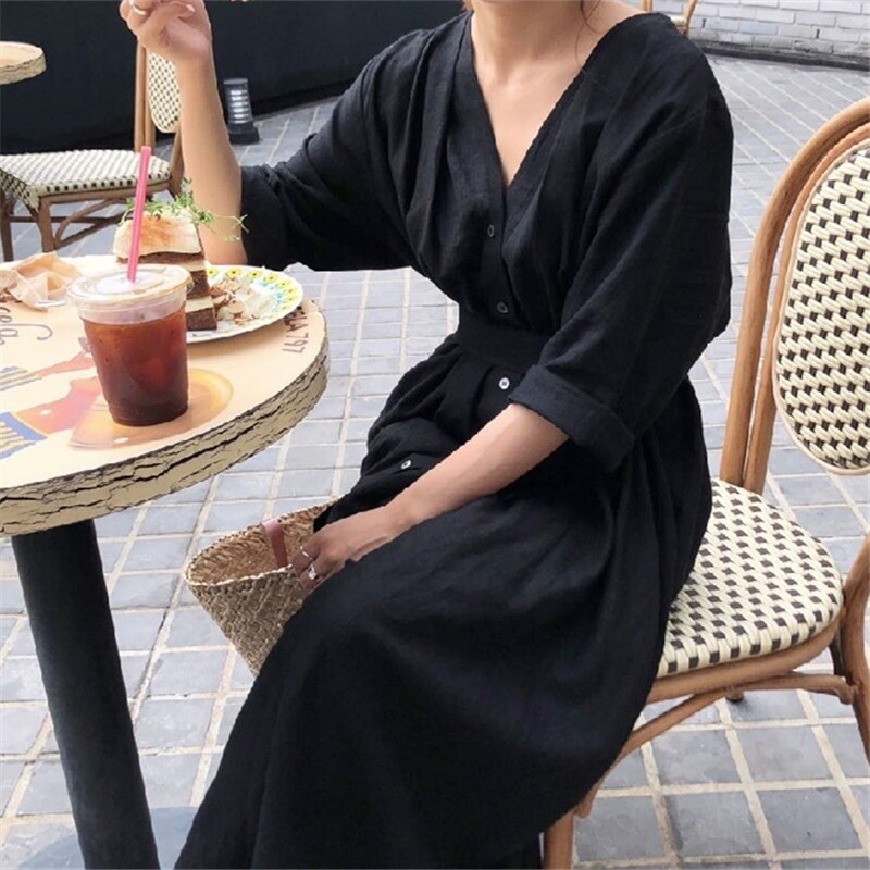 Lady Linen Cotton Dress V-neck Long Belt Button Loose Casual Summer Thin Dress