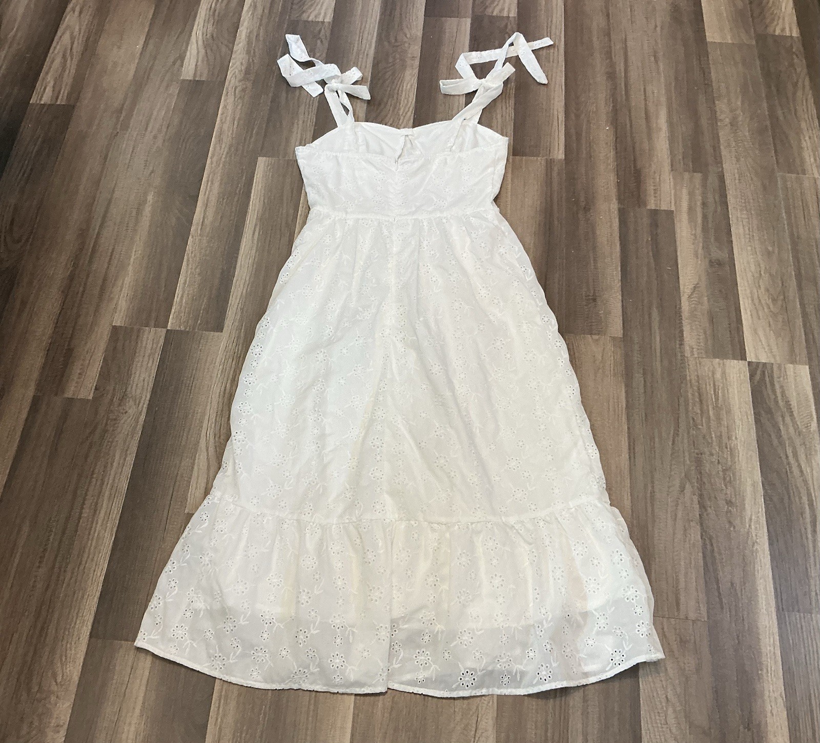 White Eyelet Ruffle Midi Sundress Tie Strap Corset M6 Coquette Boho Cottagecore