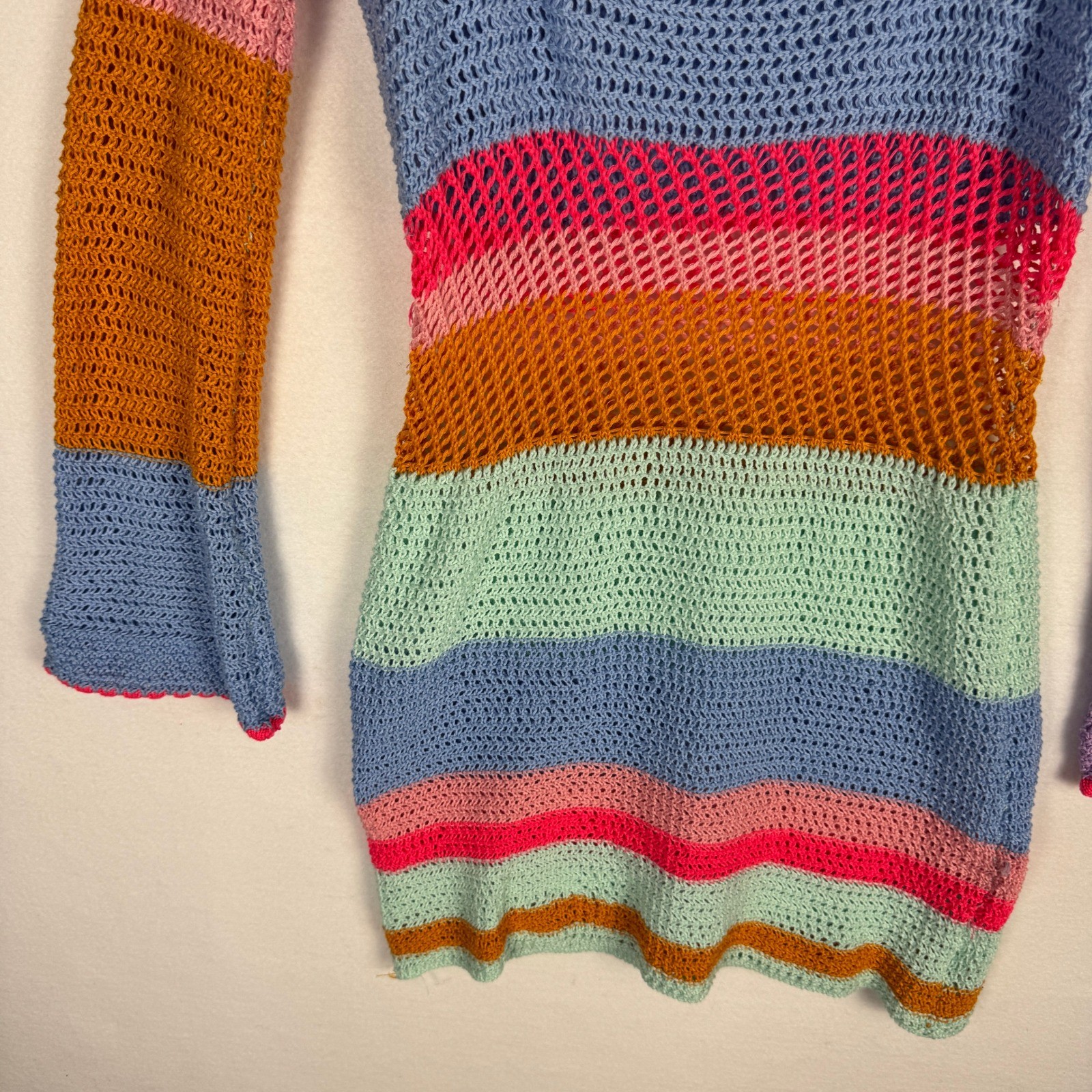 Multicolor Crochet Mini Dress Bell Sleeve Striped Open Knit Festival Boho M