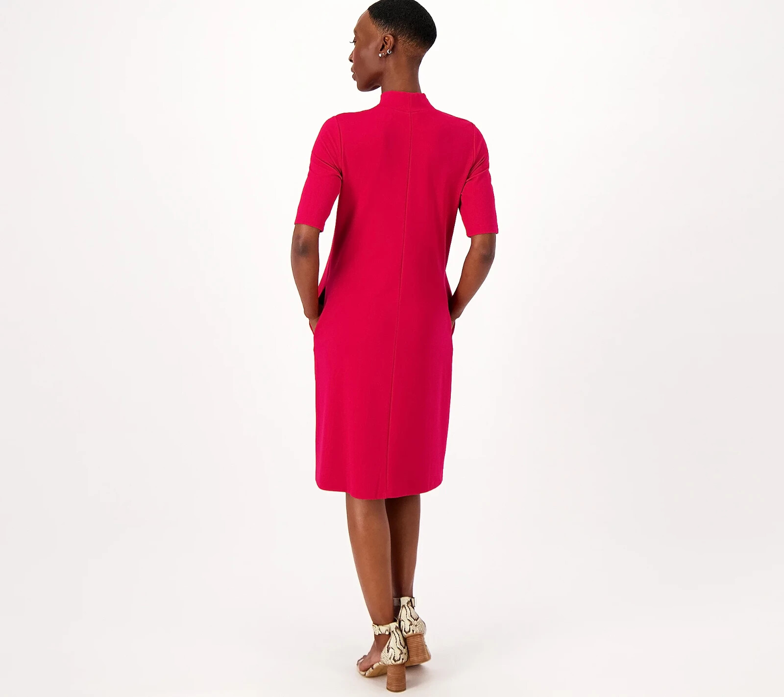 Susan Graver Every Day Supreme Knit Elbow Sleeve Mock Neck Dress Red M A554281