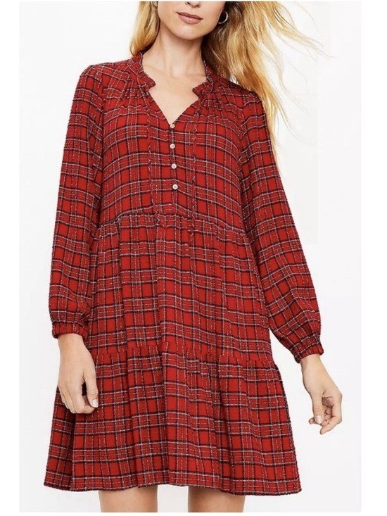 Ann Taylor LOFT Metallic Tartan Plaid Tiered A-Line Dress Holiday Red Small
