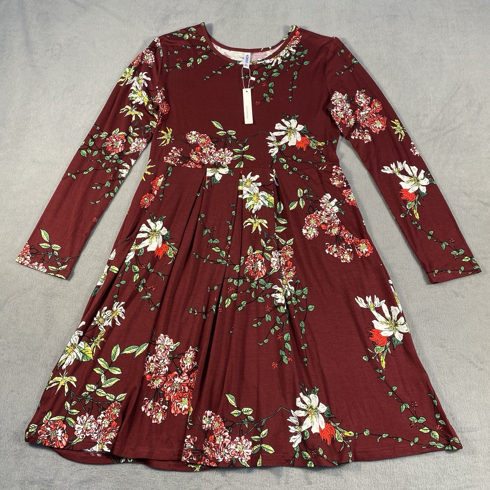 Korsis Women’s Burgundy Floral Stretch Pleated Dress, Long Sleeves, Pockets, XL