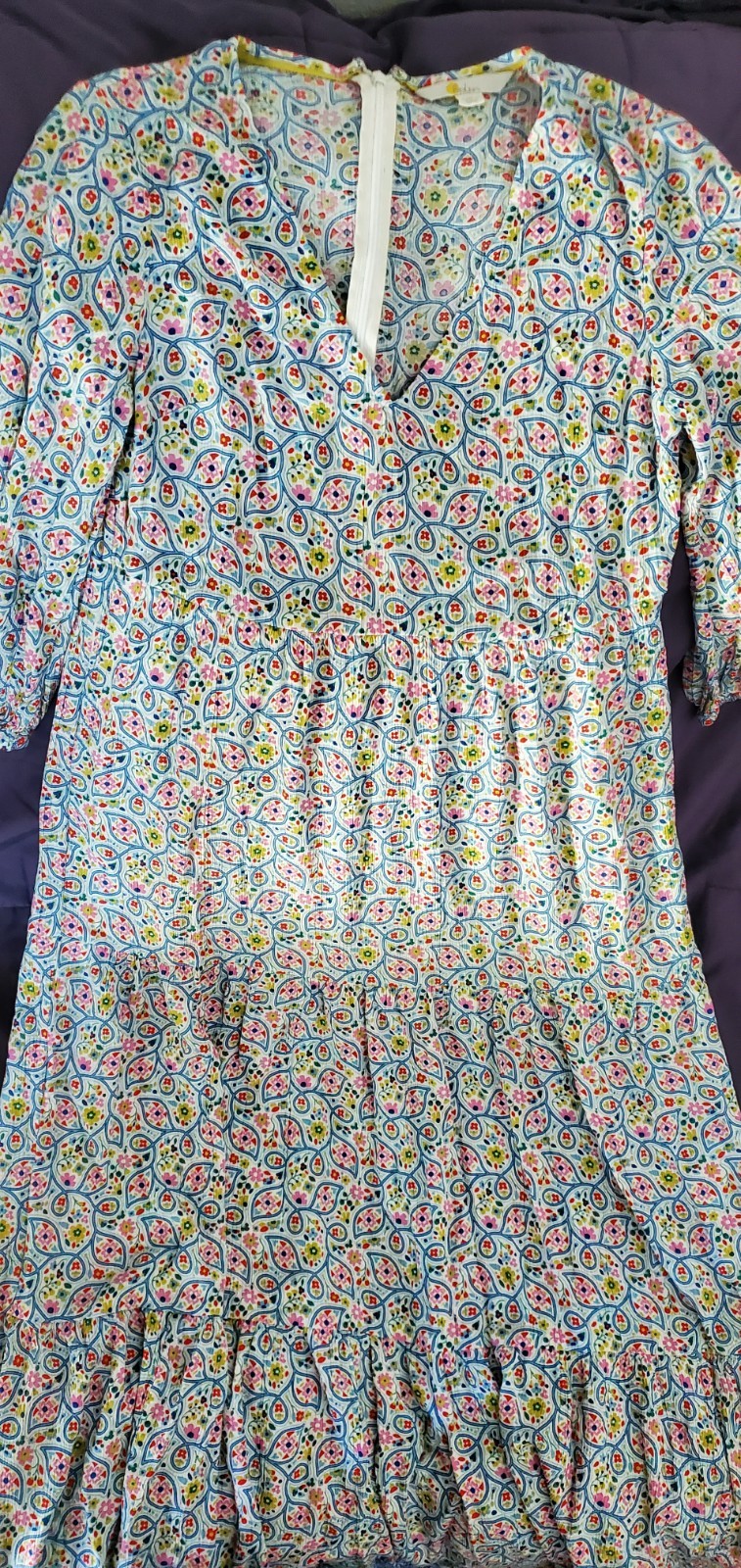 Boden Maxi Tiered V-Neck 3/4 Sleeve Dress Multicolor Boho Chic Sz 6P