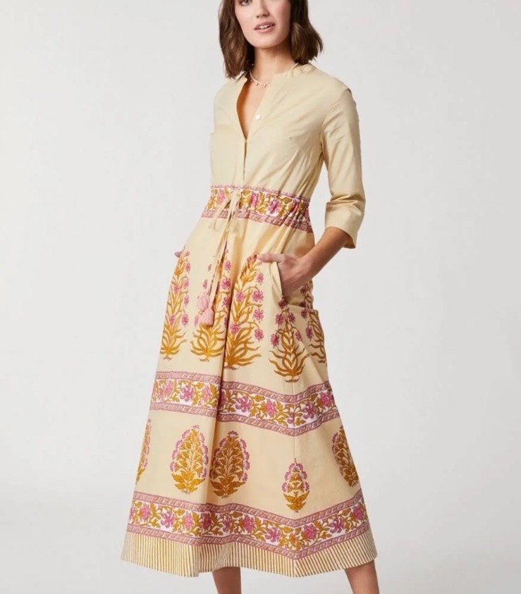Spartina 449 Kennedy Shirt Dress Pepper Hall Woodblock Floral SZ-XL Resort Maxi