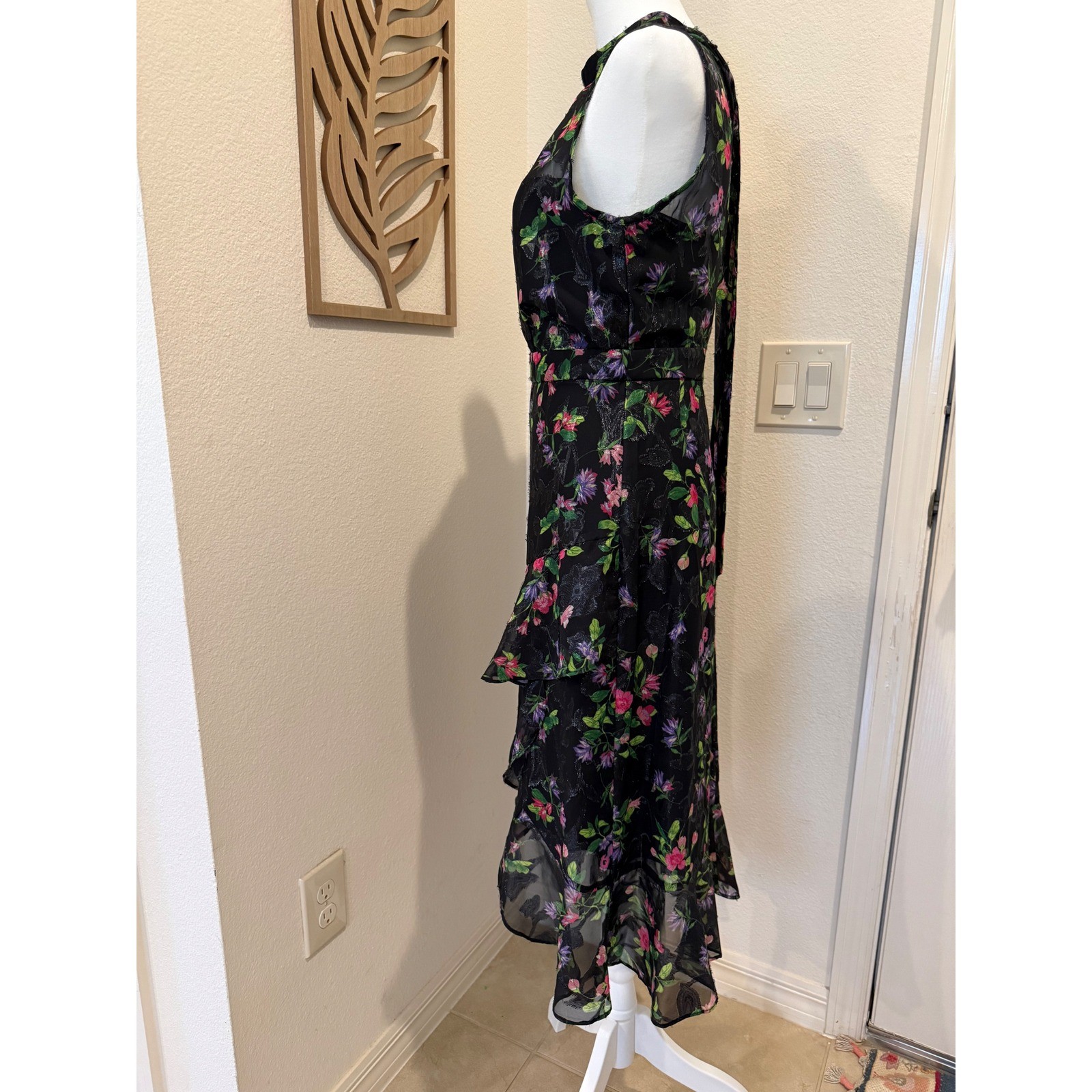 Adrianna Papell Black Floral Metallic Detail Ruffle Asymmetrical Dress 2