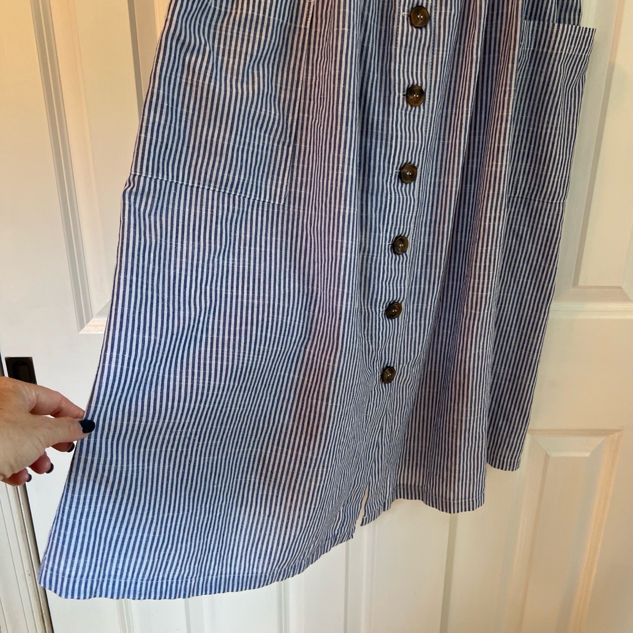 Slide Show Blue White Pinstripe Cottagecore Button Front Midi Dress Size 12
