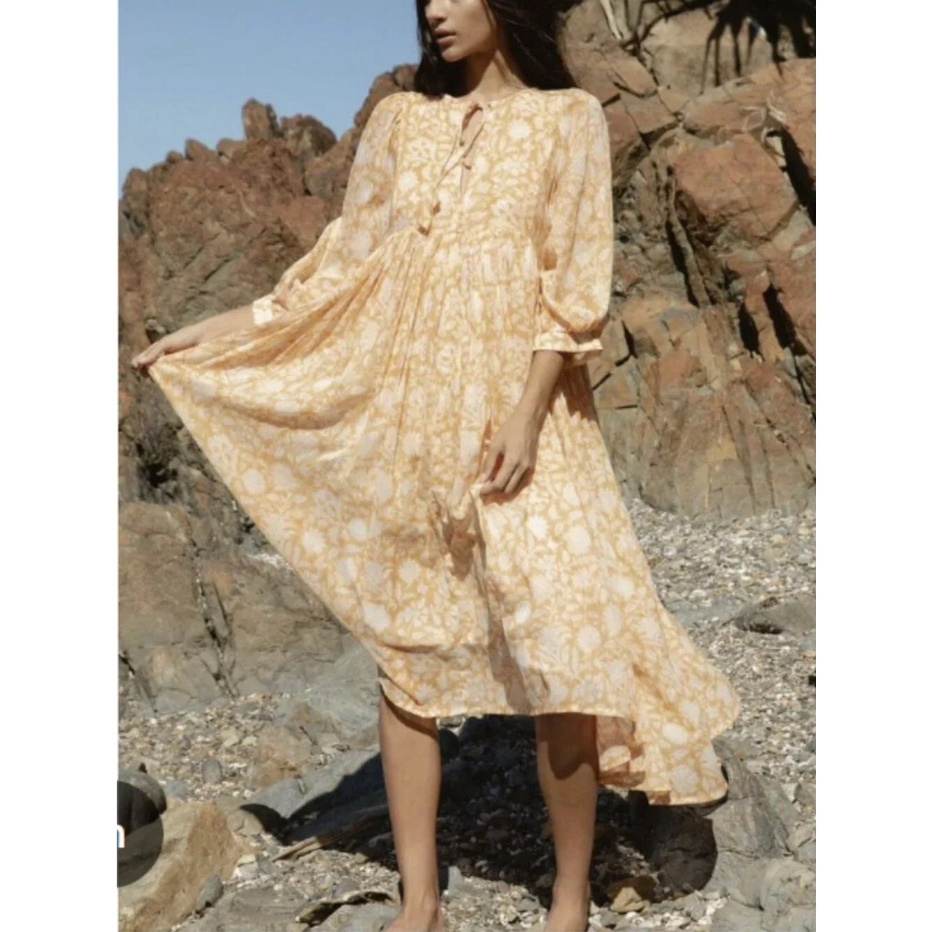 Daughters of India Kyra Midi Dress Cumin Floral Cotton Voile Oversized Medium