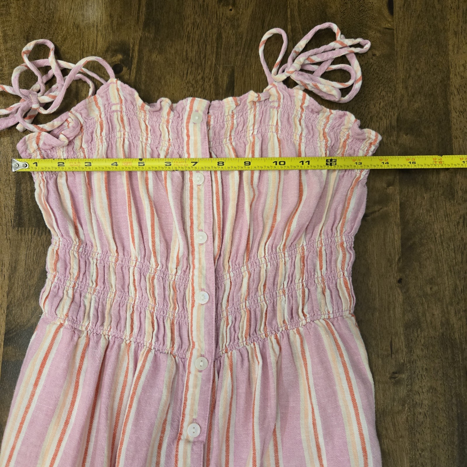 Pink Striped Smocked Linen Blend Midi Dress Tie Shoulder Button Summer Beach S