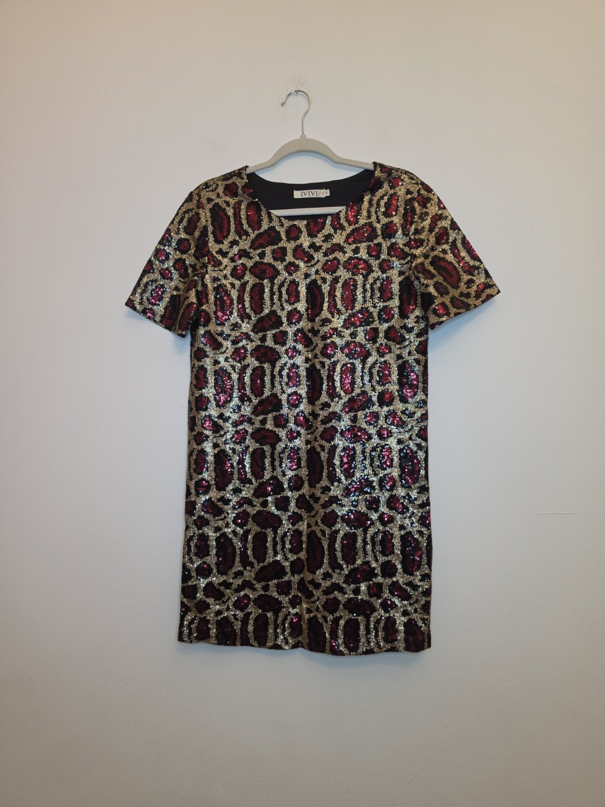Ivivi Gold Red Black Sequin Leopard Print Shift Dress Size Small Party Christmas