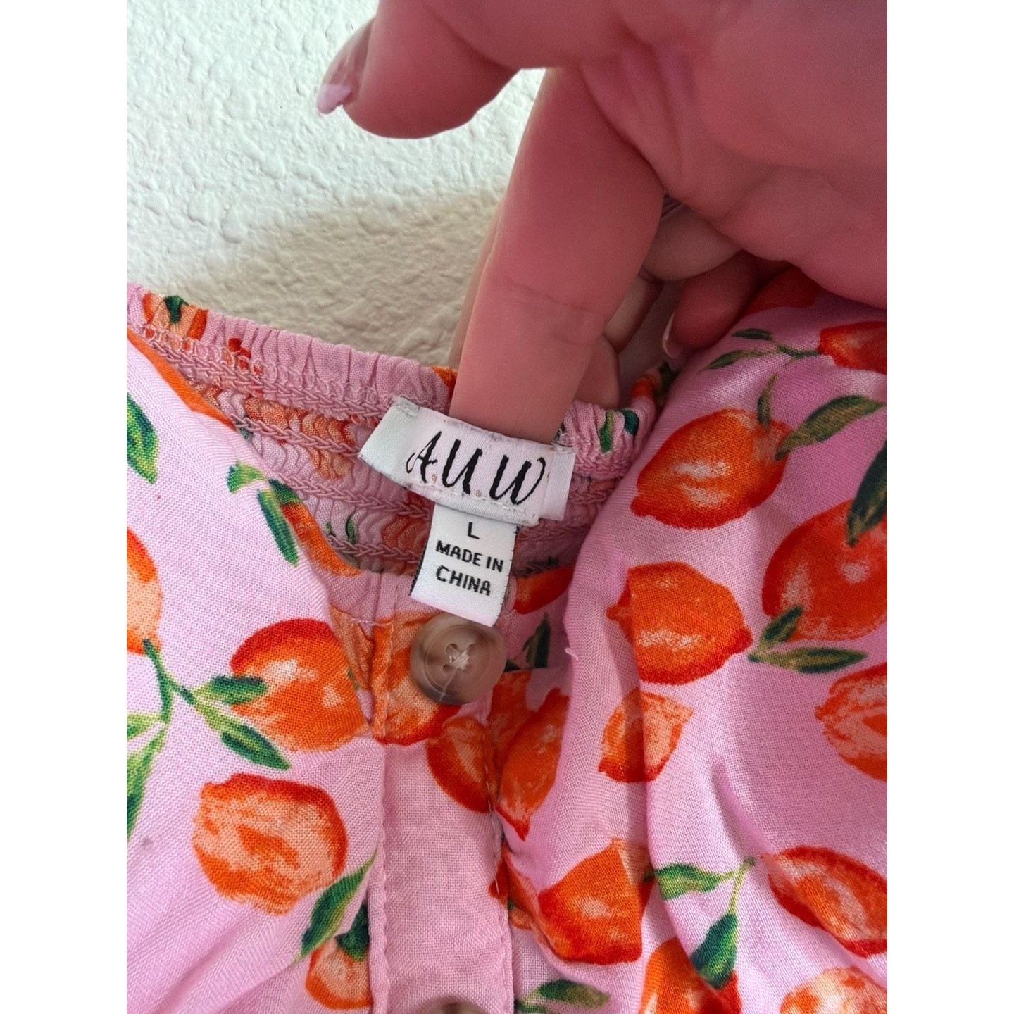 AUW Pink Orange Fruit Print Button Front Mini Dress Smocked Back Large Boho