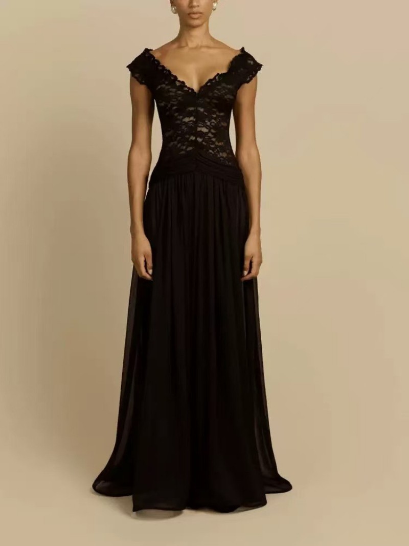 2026 Spring/Summer Evening Gown V-neck Chiffon Maxi Dress Off-the-Shoulder Lace
