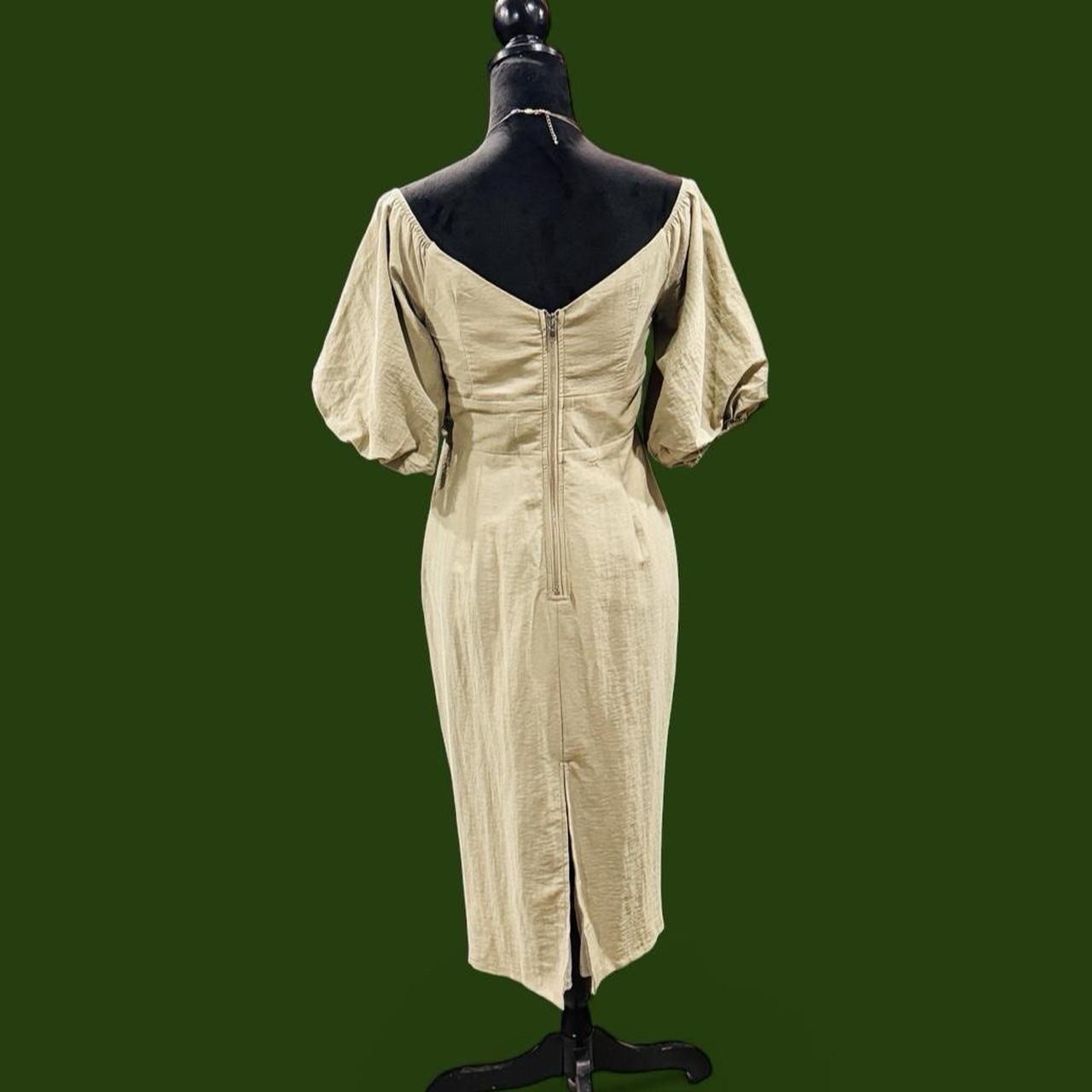 Billy J Amy Dress Olive Tie Front Puff Sleeve Midi Dress Size 12 NWT
