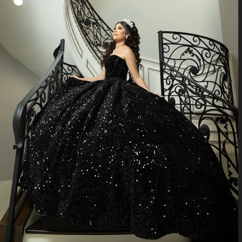 Strapless Black Sequin Ball Gown Quinceanera Sweet 16 Sparkly Evening Dresses