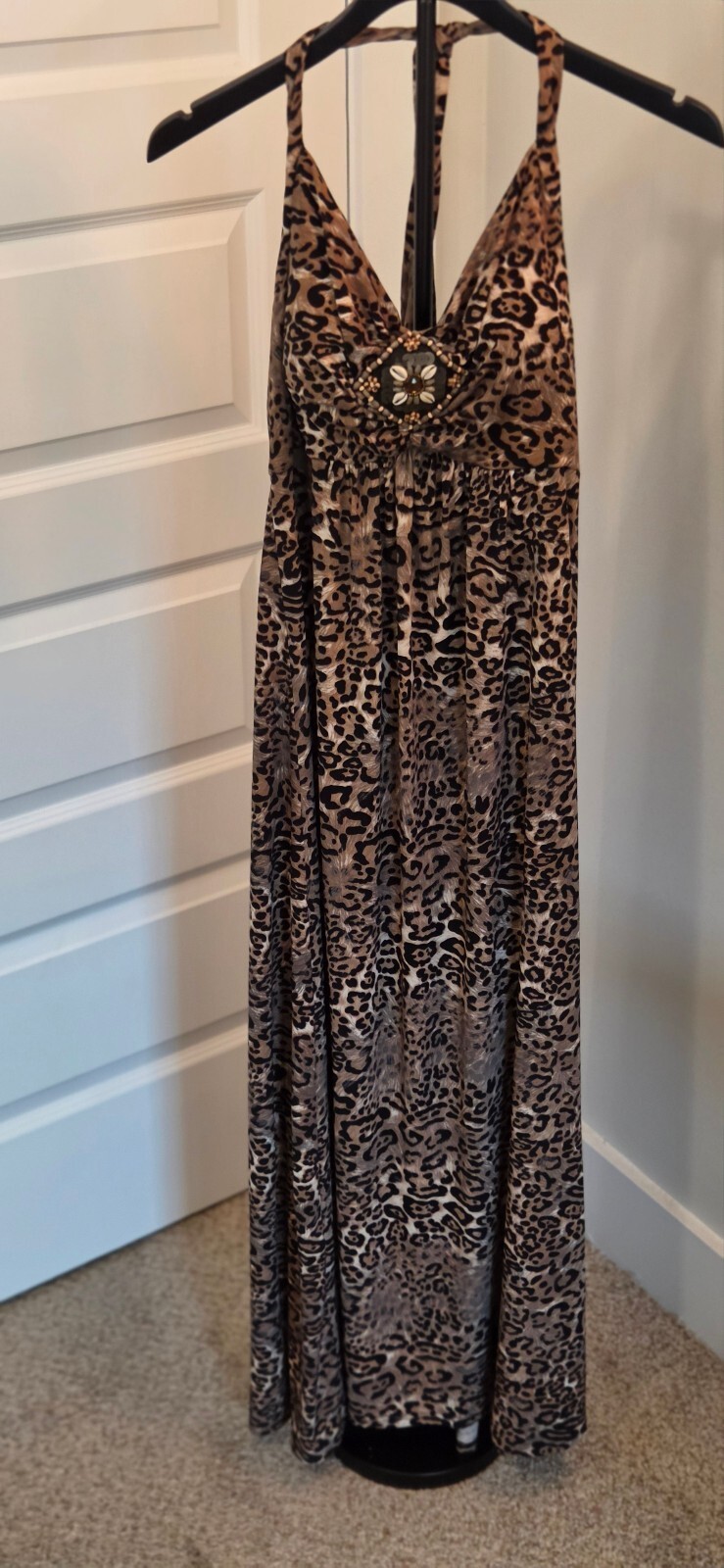 Vintage Collection Leopard Print Maxi Dress with Beaded Detail, Size M