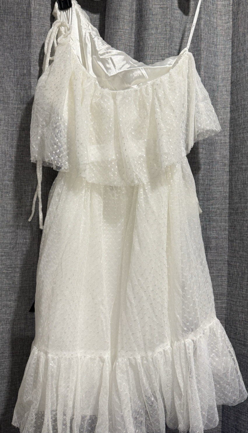 Lulus White Adorable Event Swiss Dot Mesh One Shoulder Mini double lined Dress L