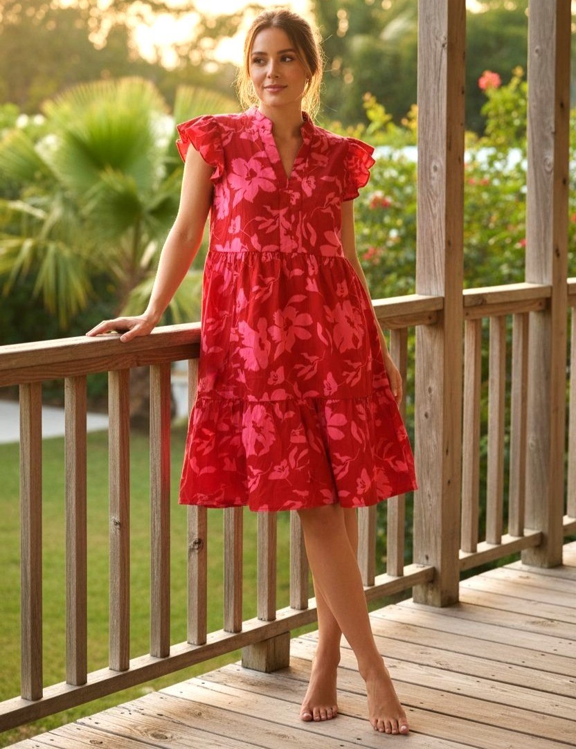 Ruffle Cap Sleeve Mock Split V-Neck Bright Floral Tiered Tropical Mini Dress
